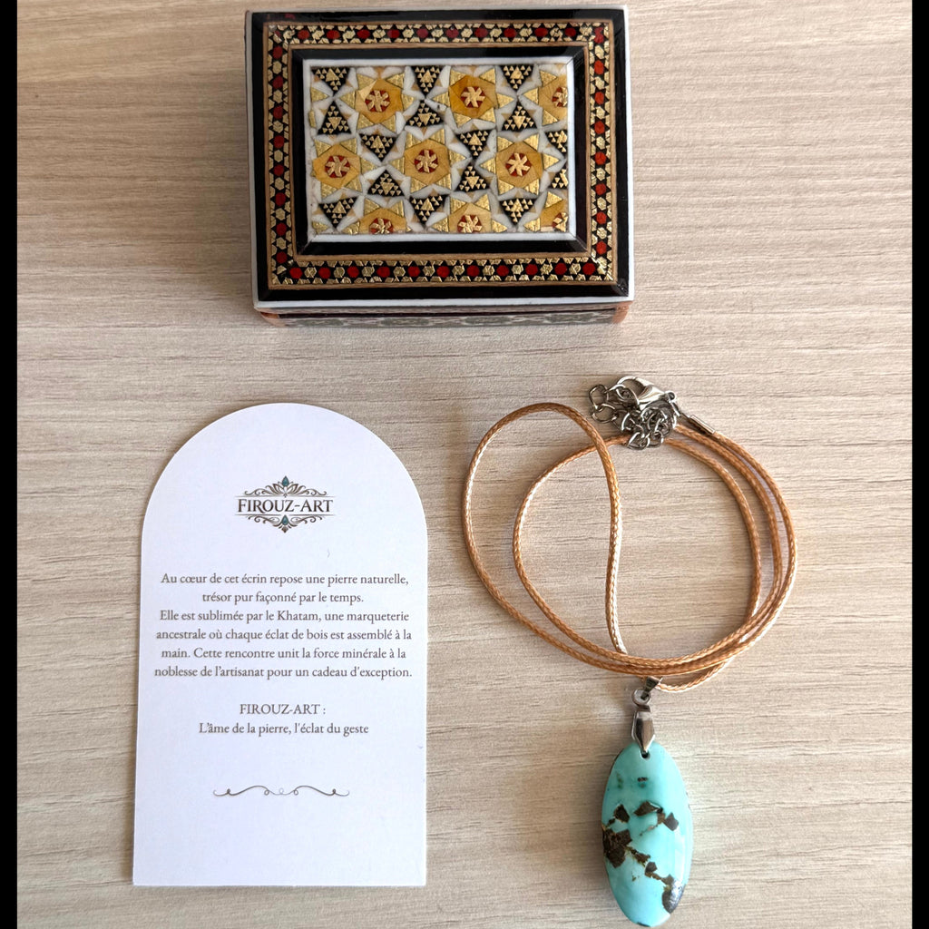 Coffret cadeau en Khatam persan avec pendentif en turquoise de Nishapur naturelle - FIROUZ ART